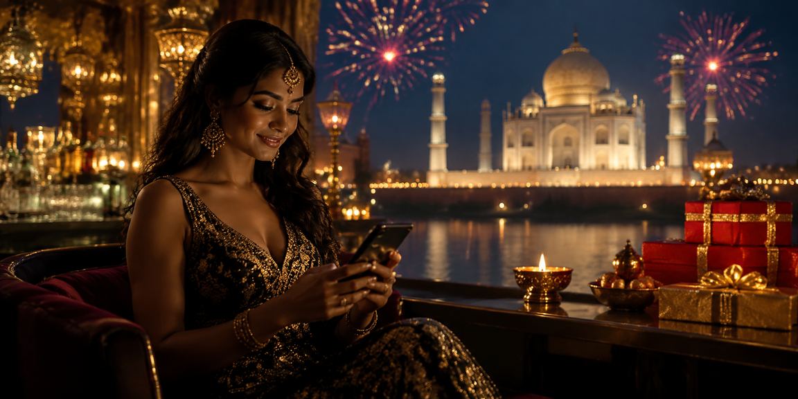 Taj Mahal decorated for Diwali festival with red envelopes