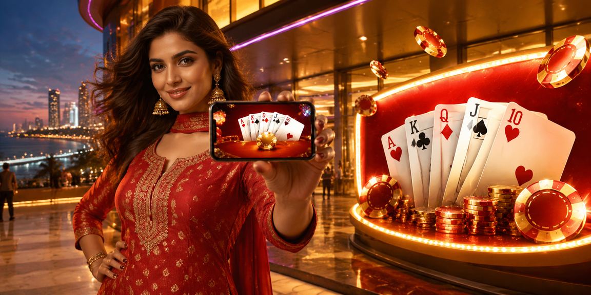 Indian teen playing card game on mobile in colorful kurti